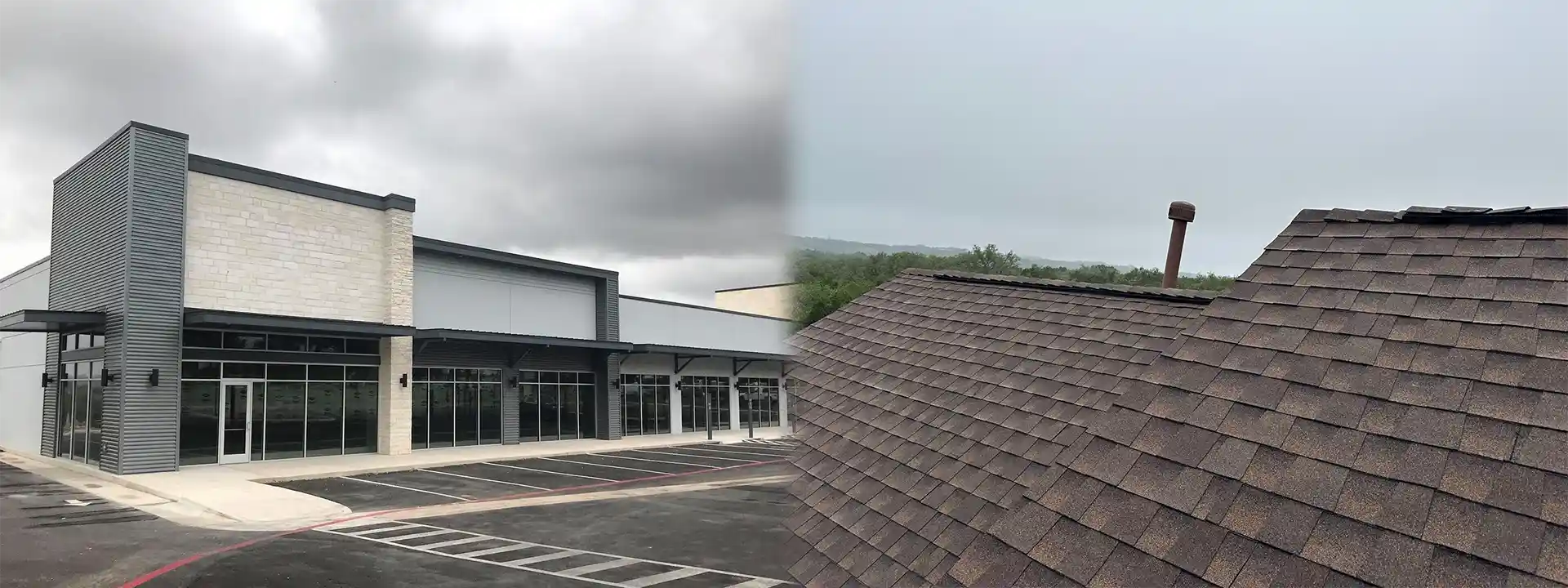 Fry Roofing Inc commercial project and brown asphalt residential roof project